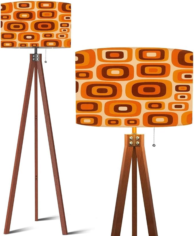 Wood Tripod Floor Lamp 70s Retro Seamless Pattern Orange Brown Yellow Beige 60s 70s Retro Mid Century Standing Lamp Linen Shade Dimmable Modern Tall lamp Home Decor for Living Room Bedroom Office