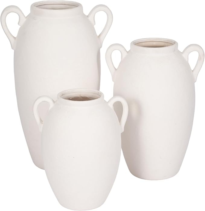 Decorative Vase for Home Decor – Textured Ceramic Jug with Handles, White Table Vase for Flowers, Modern Centerpiece for Living Room Styling or Shelf Displays, Casual Home Accent – 13", White