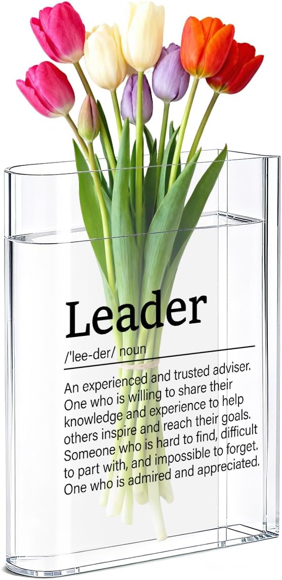 Leader Boss Bosses Day Gifts for Women Men Manager Funny Office Decor for Women Wooden Acrylic Book Flower Vase National Boss Day Decorations Gifts for Leader HR Manager Men Bookshelf Desk Decor