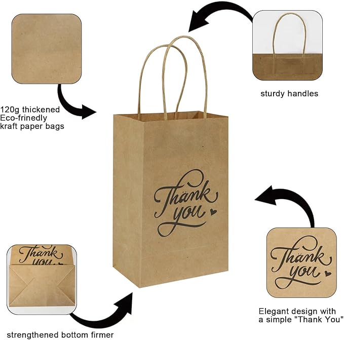 bagmad 100 Pack 5.25x3.25x8 Inch Small Brown Paper Gift Bags with Handles Bulk, Thank You Kraft Paper Bags for Party Favors Grocery Retail Shopping Wedding Craft Cub Sacks (Plain Natural, 100pcs)