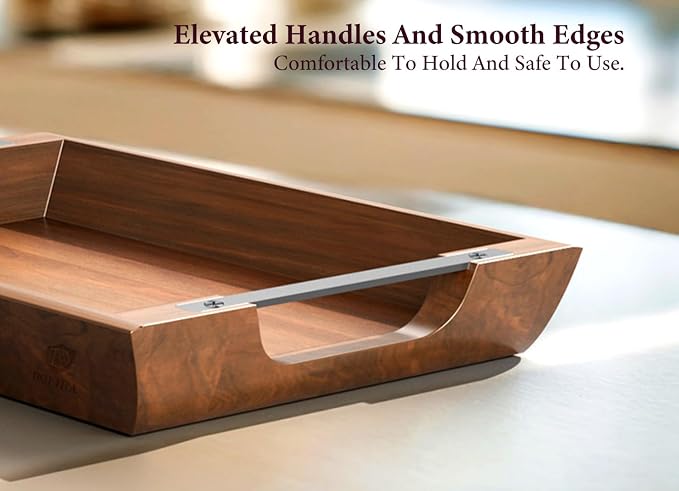 Acacia Wood Serving Tray with Metal Handles, 15x10 Inch Decorative Tray for Coffee Table Ottoman - Rustic Wooden Breakfast & Drink Tray, Farmhouse Centerpiece