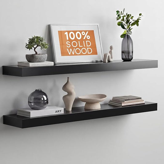 Homeforia Black Floating Shelves 36 inches Long, High End Solid Real Wood 36 inch Floating Shelf for Wall Mounted, Black Wooden 36in Floating Shelves, Heavy Duty Bracket, 36 X 6.5 X 1.75 in, Set of 2