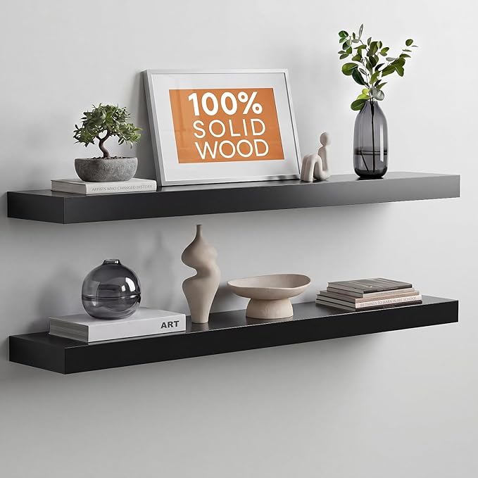 Homeforia Black Floating Shelves 36 inches Long, High End Solid Real Wood 36 inch Floating Shelf for Wall Mounted, Black Wooden 36in Floating Shelves, Heavy Duty Bracket, 36 X 6.5 X 1.75 in, Set of 4