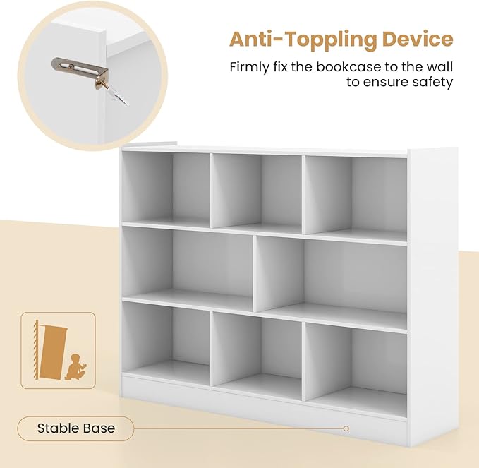 Toy Storage Organizer, 3-Tier Kids Bookshelf, 8 Cube Kids' Bookcases, Cabinets & Shelves, Wooden Toy Organizers, Small Book Shelf for Bedroom, Playroom, Classroom, Nursery (White)