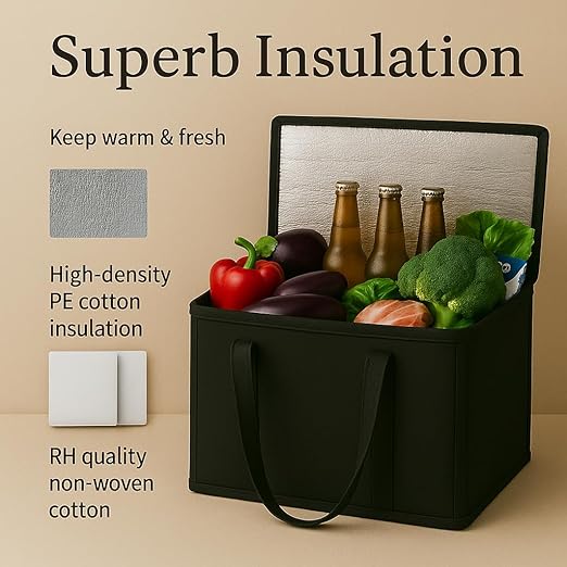 2Pk Trunk Organizer for Car Insulated Reusable Grocery Bags, Collapsible Cooler Bag for Groceries, Heavy Duty Large Insulated Bag (Large, Charcoal Black)