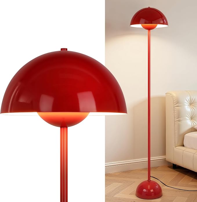 Coucrek Red Floor Lamp for Living Room, 66'' Tall Industrial Standing Lamp with Unique Reflecting Shade, Mid Century Modern Ambient Light for Bedroom Office Corner