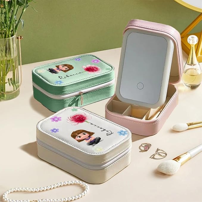 Wrappiness Girls & Women Lovely Makeup Box With LED Mirror - Personalized Jewelry Box Organizer Portable Ideal for Travel, Gift for Daughters Sisters Friends (Lovely Girl, Toddler Girls)