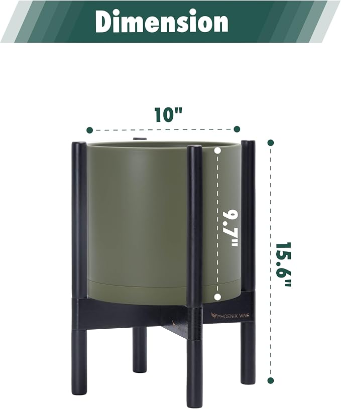 D'vine Dev Planter Pot with Stand - 10 Inch Plastic Cylinder Flower Pot with Wood Planter Holder for Indoor, Olive Pot + Ebony Stand, 55-C-N-3