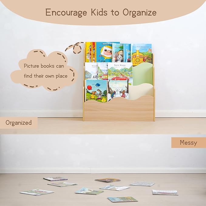 Kids Bookshelf Montessori Shelf for Toddlers, Front-Facing Book Organizer for Children, Pastel Nursery Floor Bookshelf, Wave Design Reading Corner Display Rack