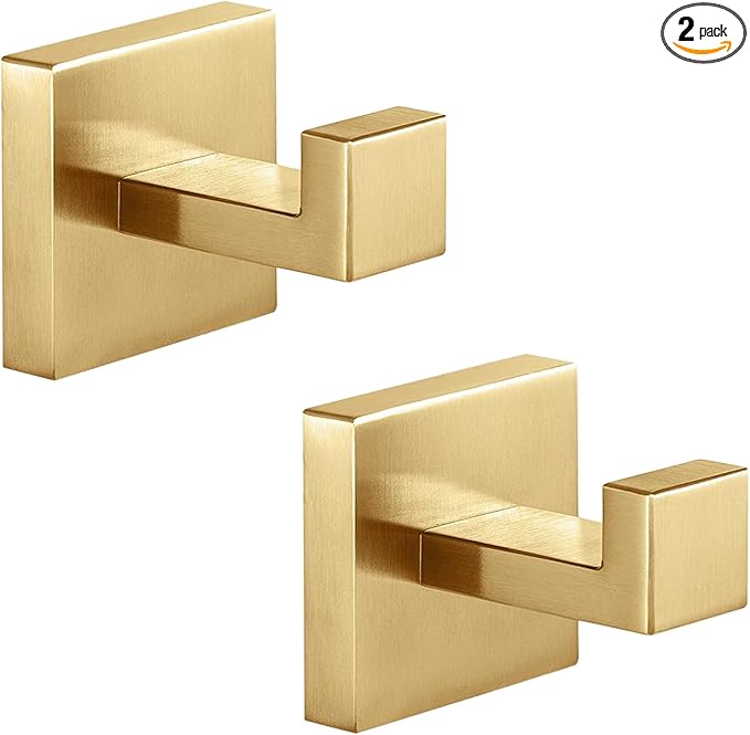 Heavy Duty Stainless Steel Towel Hooks, Wall Mounted Square Robe Hooks for Bathroom, Kitchen, Bedroom, Hotel Brushed Gold 2 Pack