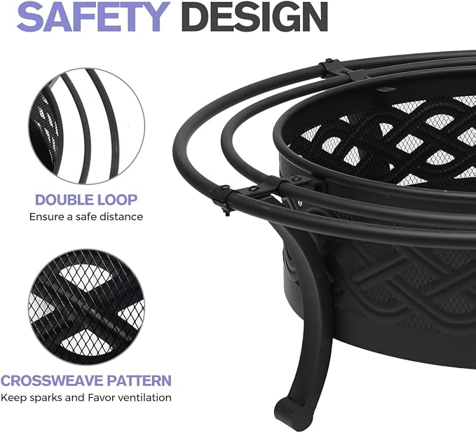 Panovue 42 Inch Outdoor Fire Pit with 2 Loops,Crossweave Wood Burning Fire Pits for Outside,with Spark Screen,Fire Poker,Round Metal Firepit for Patio,Backyard,Beach,Camping,Bonfire(42''Black)