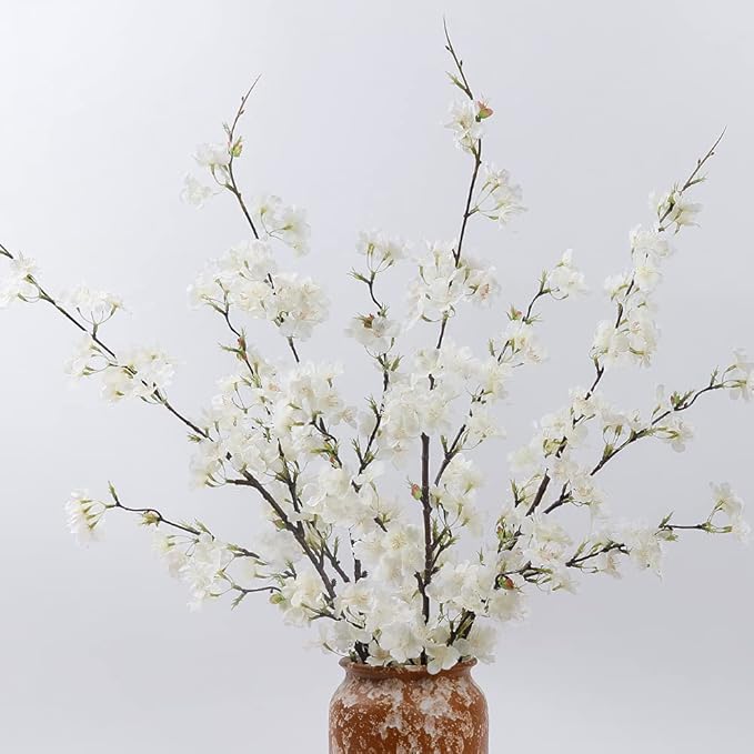 LESING 4pcs Artificial Cherry Blossom Stems,41.4" Realistic Fake Silk Long Stems Artificial Flower Branches for Floor Table Home Wedding Decoration (White-1)