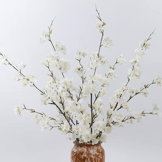 LESING 4pcs Artificial Cherry Blossom Stems,41.4" Realistic Fake Silk Long Stems Artificial Flower Branches for Floor Table Home Wedding Decoration (White-1)