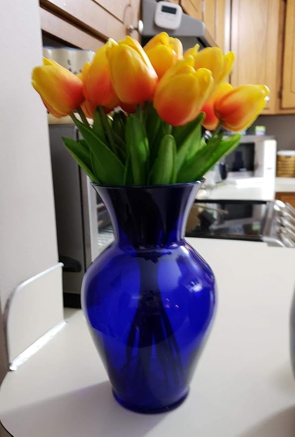 Floral Supply Online 10 5/8" Cobalt Blue Spring Garden Vase and Flower Guide Booklet- Decorative Glass Flower Vase for Floral Arrangements, Weddings, Home Decor or Office.