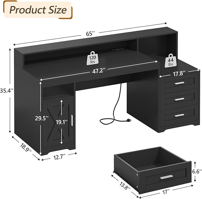 TVU Farmhouse Computer Desk with Drawers, 65'' Home Office Desk with Power Outlets, Storage Cabinet and Printer Stand, Study Writing Desks with Long Monitor Stand, Black
