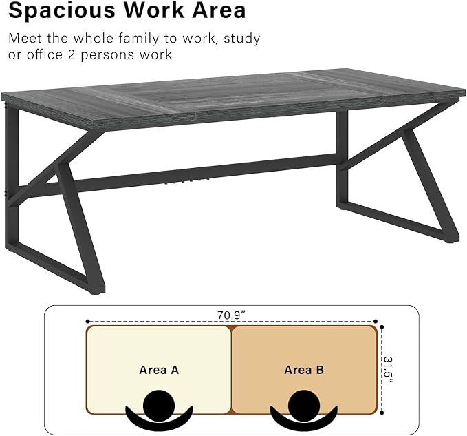HSH Extra Long Computer Desk, Industrial Metal Wood Home Office Desk, Large PC Laptop Table for 2 Person Executive Writing Work Study Gaming, Bedroom Living Room Dual Monitor Desk, Dark Gray, 70 Inch