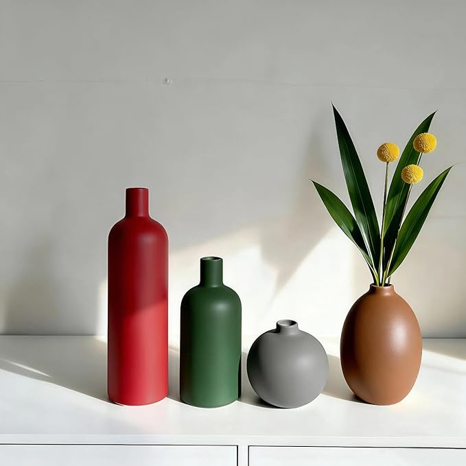 Modern Ceramic Vase Set – 4 Piece Rustic Decorative Vases for Boho Living Room Centerpieces, Entryway Decorations, Coffee Table, Bookshelf, Fireplace Mantel