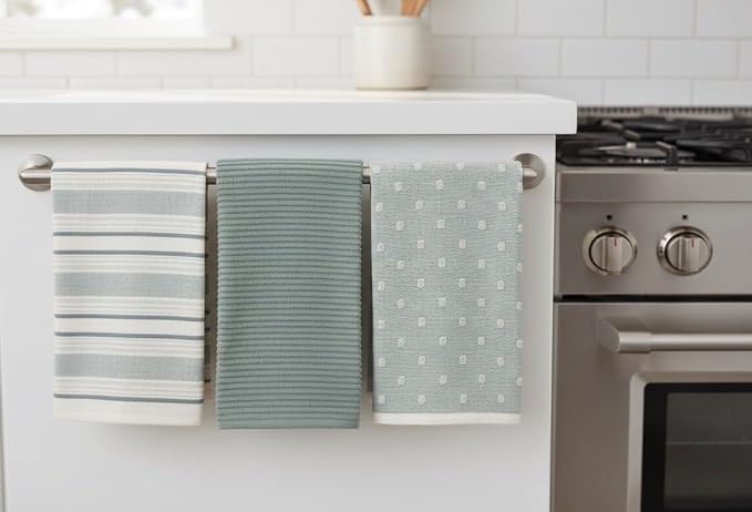 Blue White Kitchen Hand Dish Towels: Oversized 28" x 16",100% Cotton Cloth Soft Cleaning Drying Absorbent Striped Solid Polka Dot Design, Set of 3 Multipurpose for Everyday Use (Blue Austin)