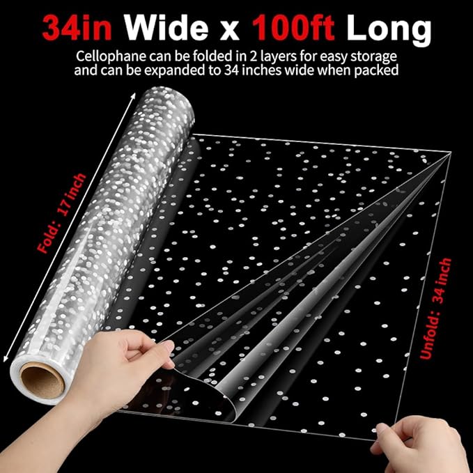 Mauproy 34 In x 100 Ft Clear Cellophane Wrap Roll, Extra Wide, 2.5 Mil Thick Transparent Wrapping Paper with Irregular White Dot for Baskets, Flower Bouquets, Gifts, Treats (34" Fold into 17")