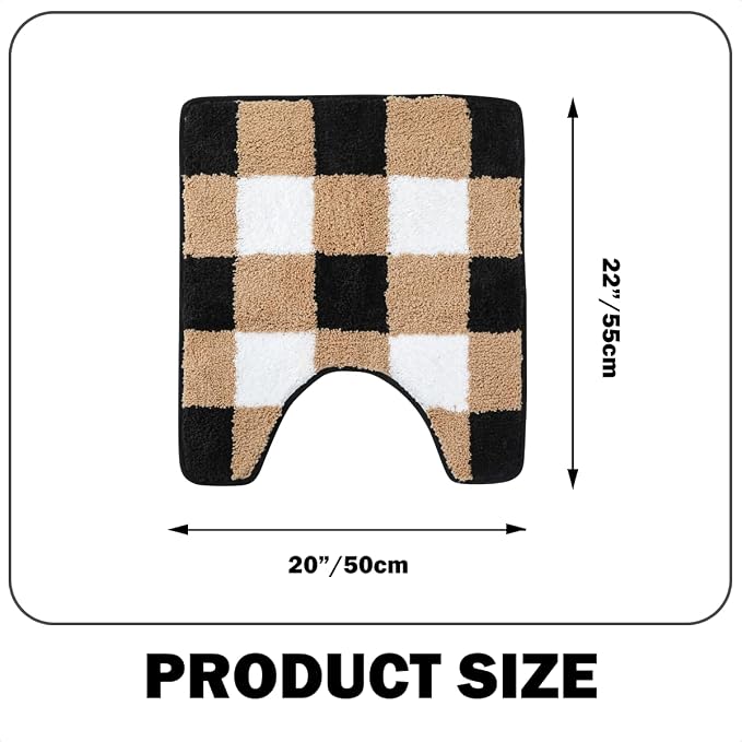 U Shape Checkered Bath Mat - Super Absorbent, Soft and Thick, Rubber Backing Non-Slip, Machine Washable Shower Rug, Bath Mat, Bathroom Home Decor Accessories, 20"x22" (50x55cm), Brown