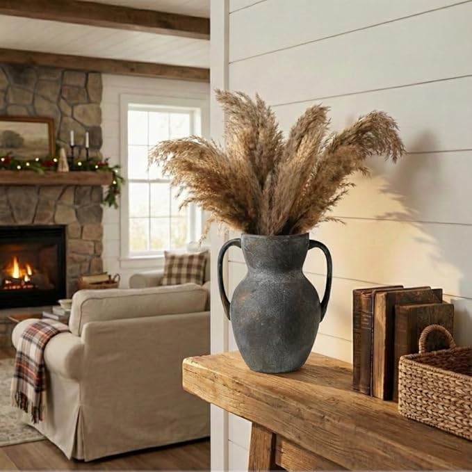 Antique Ceramic Rustic Vase with 2 Handles, Farmhouse Round Flower Vase, Vintage Terracotta Vases for Home Decor, Wedding, Living Room, Table, Shelf Decor - 8.6 Inch Tall, Black Bronze