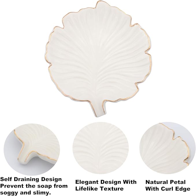 White Leaf Bathroom Soap Dish,Ceramic Soap Dish Holder in Palm Leaf Style,Self Draining Design and Used to Hold Various Small Bathroom and Kitchen Accessories