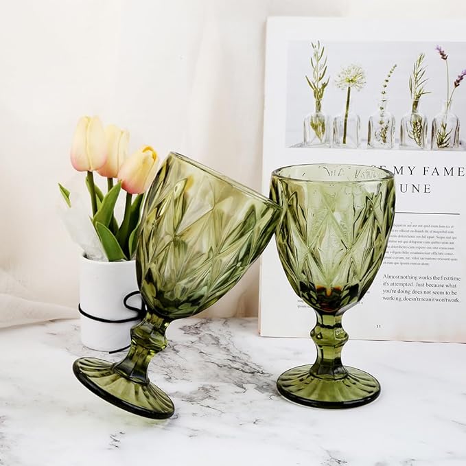 Pure Green Wine Glasses 6Pcs a Set Solid Colors Glass Goblets Colorful Dishwasher Safe Colored Glassware With An Embossed Vintage Never Fade Colored Goblets Pattern Like Crystal (Glass, Green)