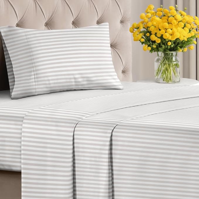 Light Grey and White Striped Sheets - 1 Flat & 1 Fitted Sheet & 1 Pillowcase w/ Deep Pockets - Wrinkle & Fade Resistant - Ultra-Soft, Breathable & Cooling - Luxury Pinstripe Bedding - Twin Size