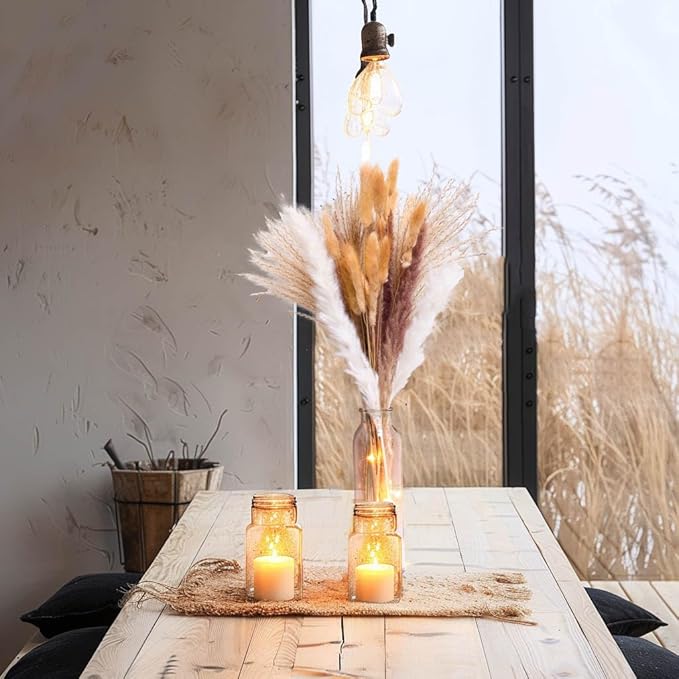 60PCS of Boho Pampas Grass in Glass Vase with LED Lights & Faux Crystals, Naturally Dried Pompas, Bunny Tails Dried Flowers,Perfect for Weddings, Farmhouse Boho Wall Bathroom Office Kitchen Decor
