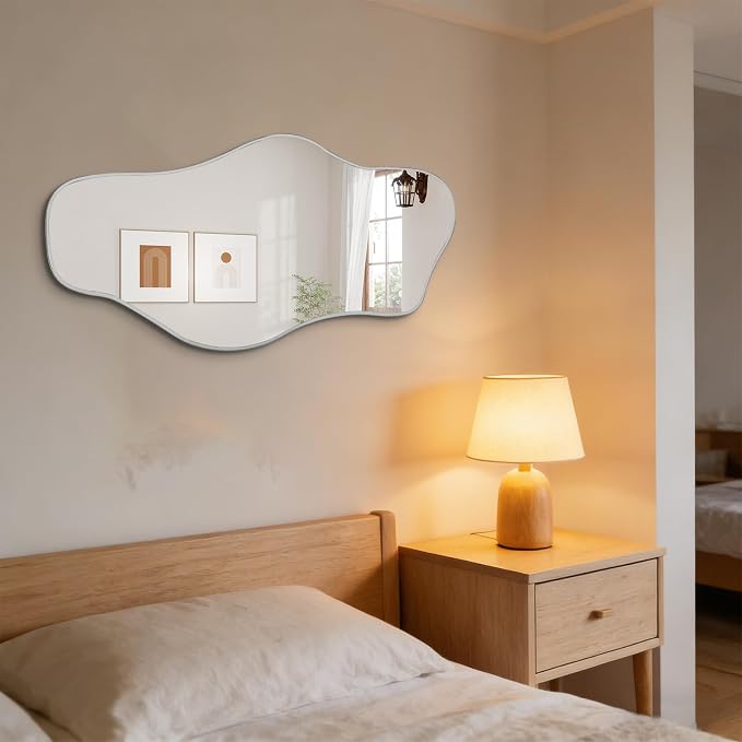 Irregular Frameless Mirror, 35.8"x17.7" Silver Asymmetrical Tempered Glass Mirror, Organic Shaped Wall Mirrors for Entryway Bedroom Living Room Bathroom, Horizontal or Vertical Hanging