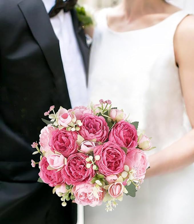 Mkono Peonies Artificial Flowers, Small Silk Flowers for Home Decor Indoor Fake Bouquet Faux Floral Arrangements Dining Table Centerpieces for Kitchen Bridal Wedding Party Decor (2, Mixed Pink)