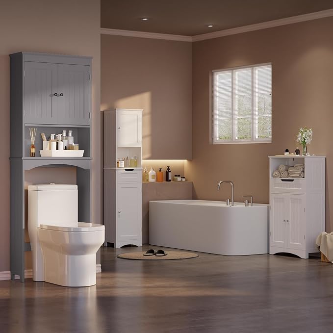 Gizoon Over The Toilet Storage Cabinet with Adjustable Shelf and Double Doors, Bathroom Space Saver Organizer Above Toilet with Open Shelf, Taller Wooden Free Standing Toilet Rack -Grey