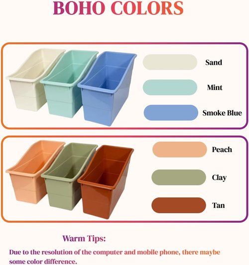 RAUVOLFIA 6 Pack Book Bins - Durable Plastic Vertical Organizer for Classroom & Office | Boho Style