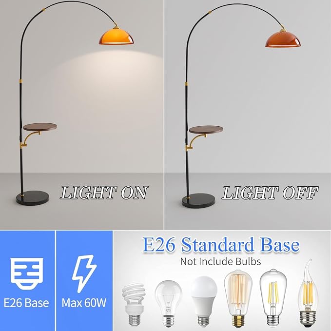 MIXL-Black Arch Floor Lamp with Wood Table,2-Tier Shade Over Couch Curved Floor Lamp,Unique Ambient Lighting,Mid Century Modern Standing Light for Office Nursery