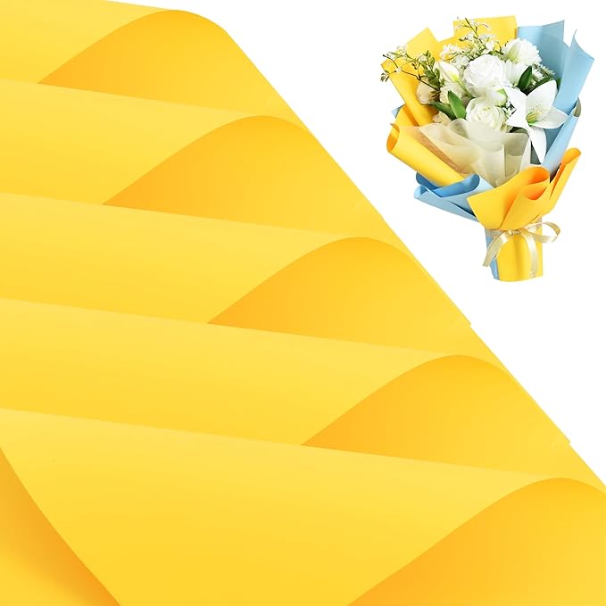 BEISHIDA 20 PCS Yellow Floral Wrapping Paper-Matte Waterproof Flower Wrapping Paper Bouquet for Florist Supplies, DIY Crafts, Gift Packaging, Wedding, Birthday Gift