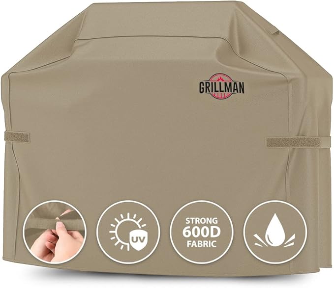 Grillman Grill Cover, BBQ Outdoor Grill Covers, Charcoal, Gas Grills, Waterproof, Rip-Proof, Weather-Resistant, Anti-UV, Barbecue Cover for Weber, Genesis, Charbroil, Nexgrill, etc (Tan, 58 Inch)