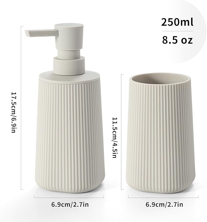 YAUKPH Bathroom Accessories Set 2 Piece Soap Dispenser and Toothbrush Holder for Bathroom Countertop Striped Beige