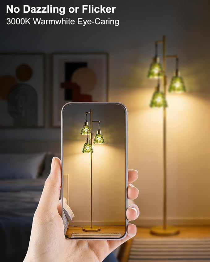 Lightdot 67" Green Glass Floor Lamps for Living Room 3-Light Dimmable Floor Lamp with Glass Shade& Bulbs Included, Mid Century Standing Tall Lamp with 5Lbs Heavy Base for Bedroom/Sofa Beside-Gold