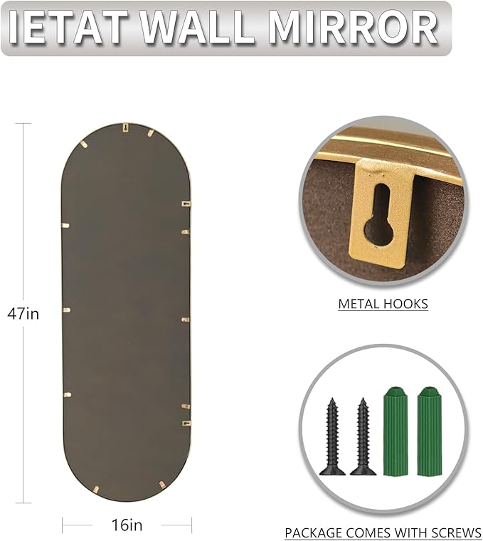 Antique Gold Full Length Mirror Oval Full Body Wall Mirror Baroque Beaded Mirrors Gold Metal Framed Decorative Wall Mirror for Bedroom Entryway 47"X16"