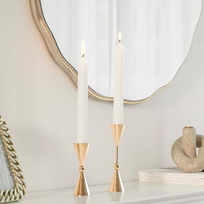 DN DECONATION Gold Taper Candle Holders Set of 2, Tapered Candlestick Holders Decor for Fall Thanksgiving Table Centerpiece Wedding Decorations, Modern Metal Candle Holder for Living Room, Mantel