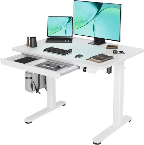 Claiks Electric Standing Desk - Adjustable Height Sit-Stand Workstation with Drawers | 40 Inch, White