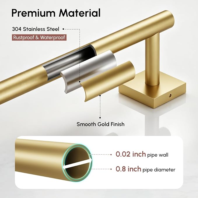 USHOWER Brushed Gold Bath Towel Bar, 30 Inch Towel Racks for Bathroom Wall Mounted, 304 Stainless Steel Towel Holder with Square Base, Modern Home Decor (Total Length 32 Inch)
