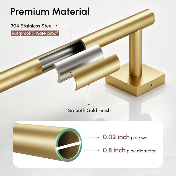 USHOWER Brushed Gold Towel Bar, 24 Inch Towel Racks for Bathroom Wall Mounted, 304 Stainless Steel Towel Holder with Square Base, Modern Home Decor (Total Length 26 Inch)