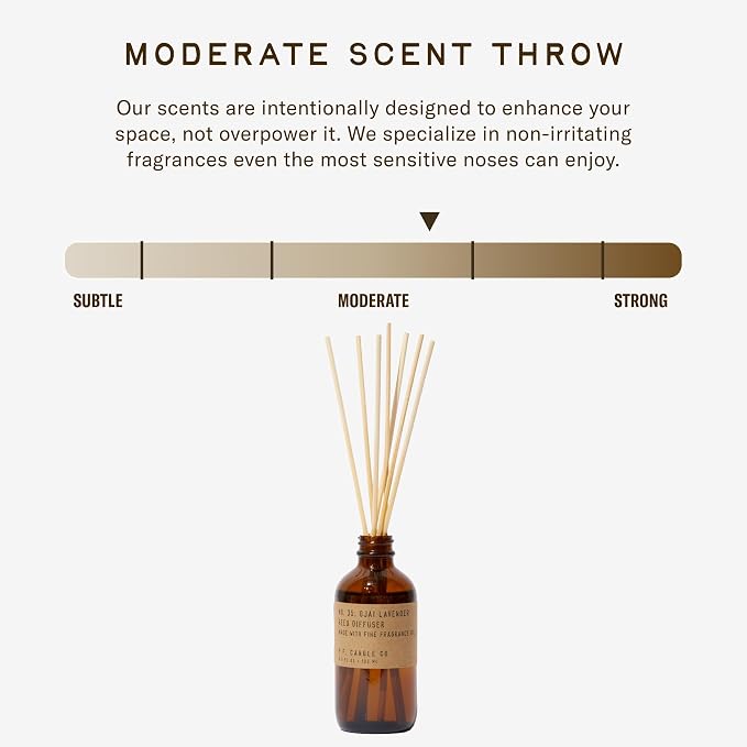 P.F. Candle Co. Ojai Lavender Classic Scented Rattan Reed Diffuser (3.5 fl oz) Amber Glass Jar, Fine Fragrance Oil, Flame-Free Fragrance, Made in The U.S.A.