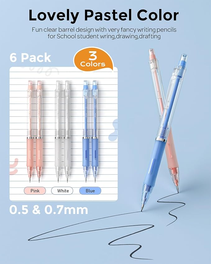 Nicpro 23PCS Pastel Mechanical Pencil 0.5 & 0.7 mm with Case for School, with 12 tubes HB Lead Refills, 3 Erasers, 9 Eraser Refills For Student Writing, Drawing, Sketching, Blue & Pink & White Colors