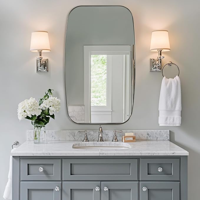 ANDY STAR Brushed Nickel Oblong Mirror, 32x40 Inch Brushed Nickel Oval Mirror for Bathroom with Stainless Steel Metal Frame, Wall Mouned for Bathroom, Living Room, Entryway