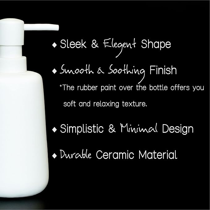 Matte White Ceramic Soap Dispenser, 13 oz Refillable Bathroom or Kitchen Countertop Dispenser with Soft Touch Rubber Coating