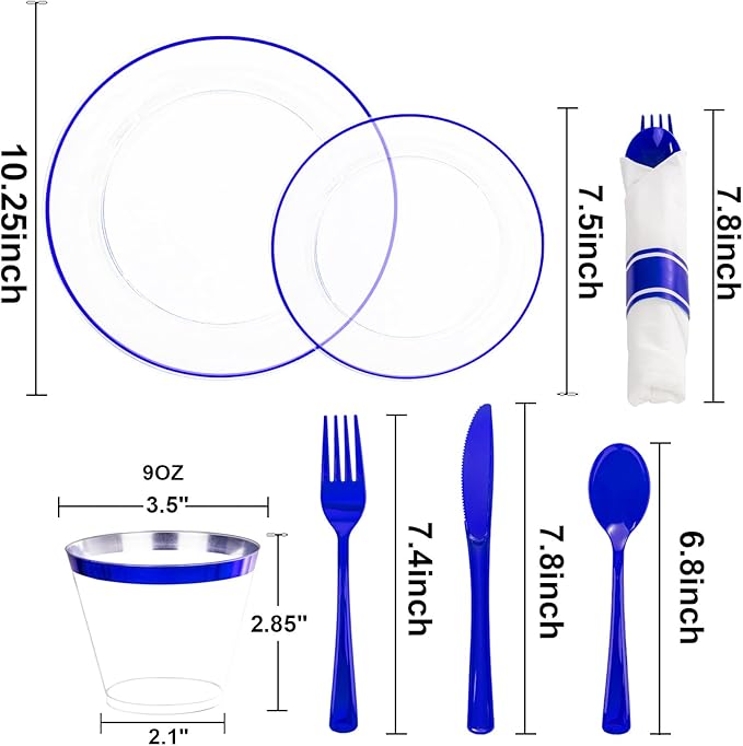 SUT 175 Pcs Blue and Clear Plastic Dinnerware Set for 25 Guests, Include: 25 Dinner Plates, 25 Dessert Plates, 25 Pre Rolled Napkins With Silverware, 25 Cups, Disposable Plates for Party, Wedding