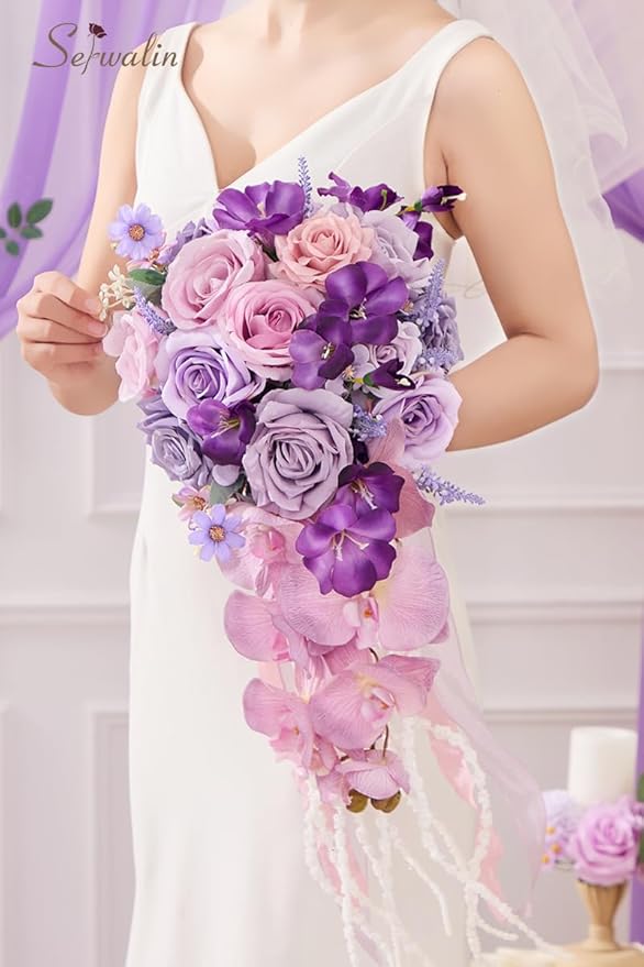 Serwalin 11 Inch Wedding Bouquets for Bride Bridesmaid, Purple Bridal Bouquets for Bride, Artificial Bouquets of Flowers for Wedding Ceremony Bridal Shower and Anniversary Day Decor