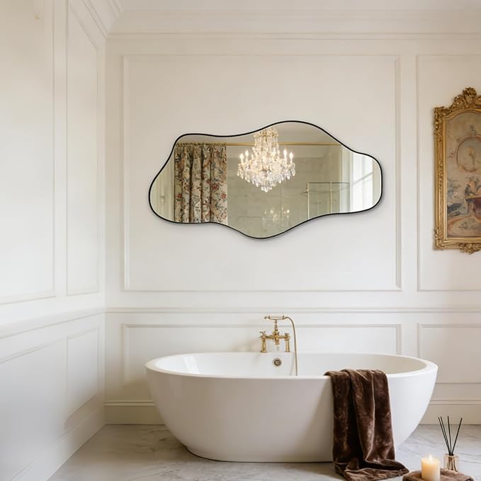 Irregular Wall Mirror, 47.2"x24" Asymmetrical Tempered Glass Mirror, Frameless Organic Shaped Mirrors for Entryway Bedroom Living Room Bathroom, Horizontal or Vertical Hanging